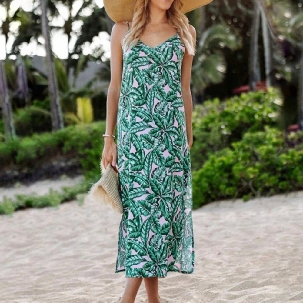Kenny Flowers Midi Dress Small Pink Beverly Hills‎ Palm Leaf Tropical Vacation